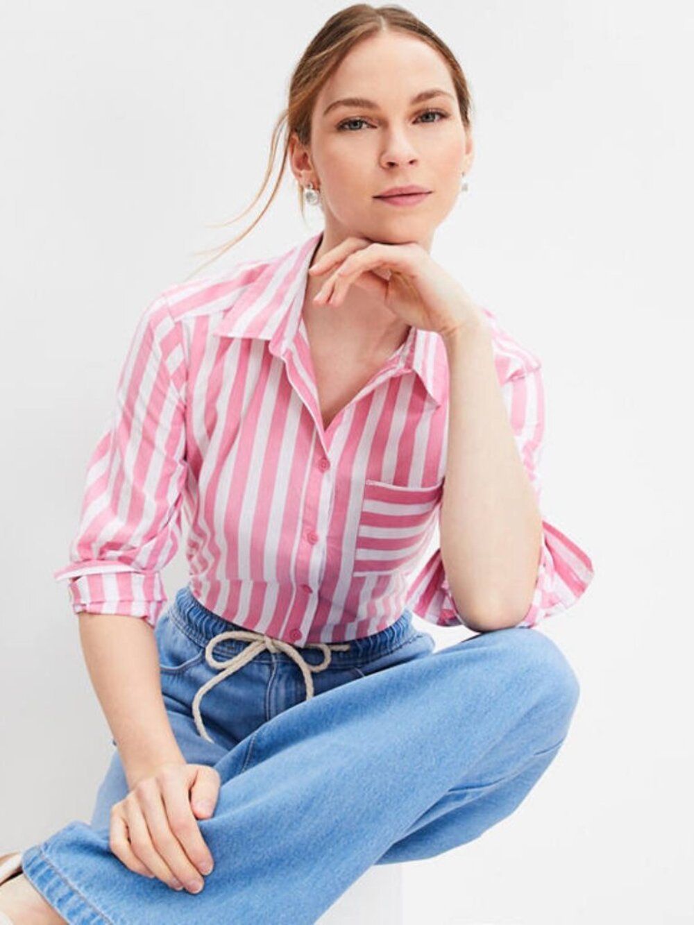 LOFT Striped Relaxed Pocket Shirt, Milano Pink, Size XXS